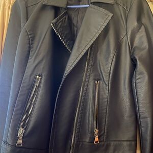 Express Navy Blue Genuine Leather Moto Jacket with Silver Accents